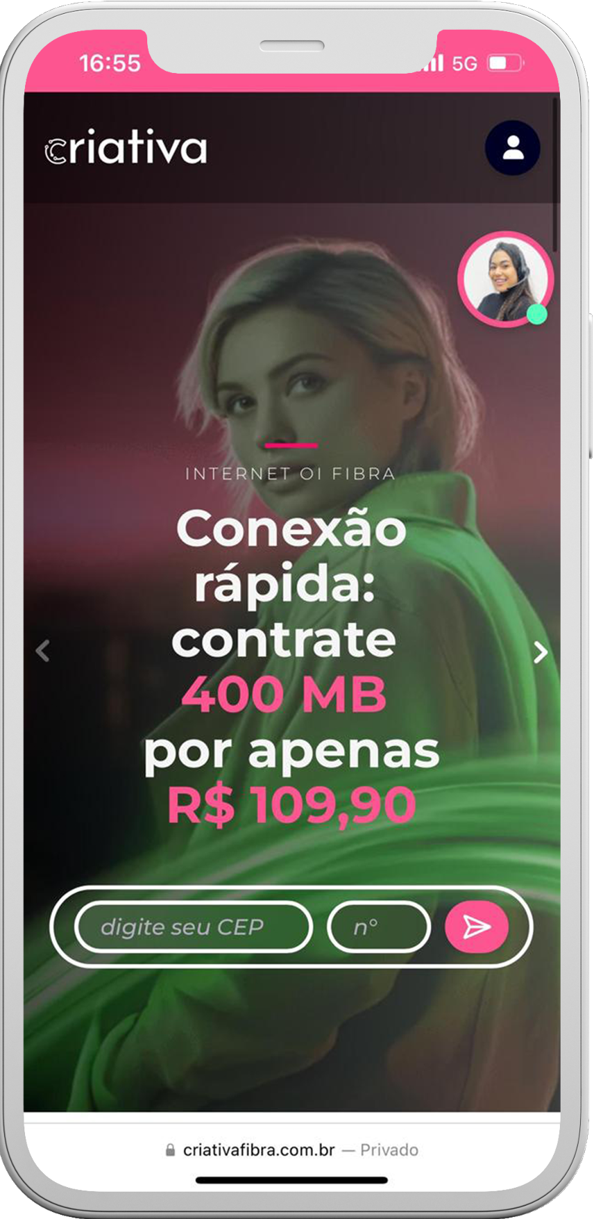 Imagem de um celular na Página da Criativa