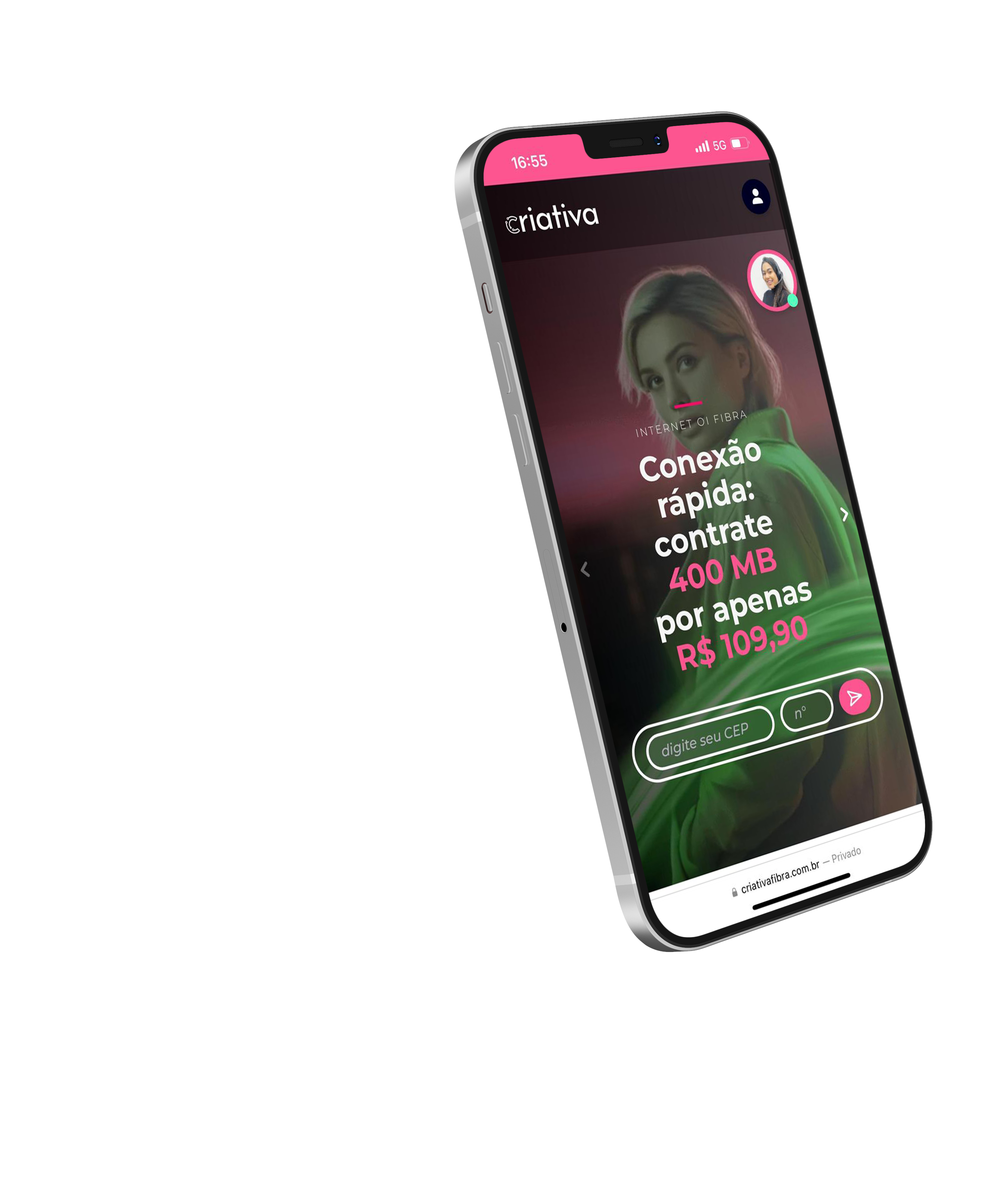 Imagem de um celular com a homepage da Criativa na tela